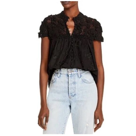 Alice + Olivia Ilaria Crochet Yoke‎ Blouse Black Size Small - Picture 2 of 11